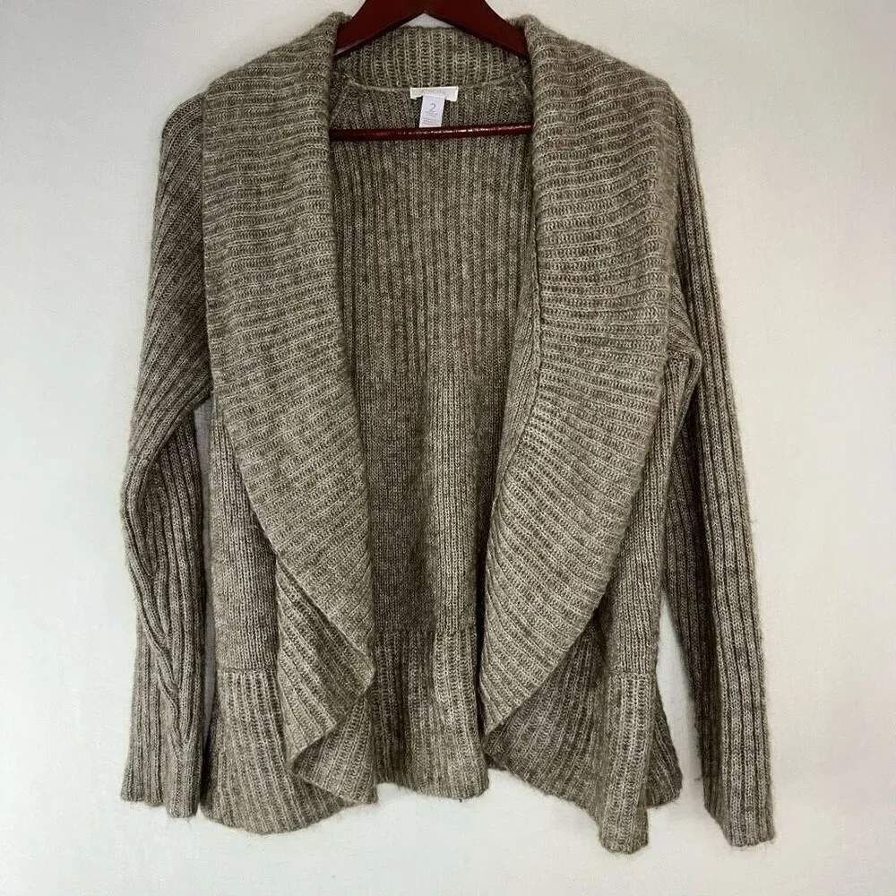 Chico’s Wool Mohair Blend‎ Tan Cardigan Sweater Womens Large Modern Cozy Casual